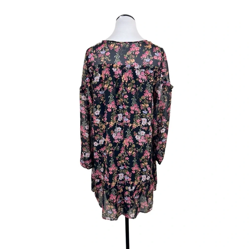 Time and Tru Long Sleeve Floral Ruffle Yoke Shift Dress Black Pink Size Large
